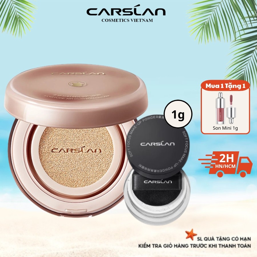 Combo Cushion CARSLAN  Dưỡng Ẩm Cho Da Khô Che Phủ Tự Nhiên + Phấn Phủ Bột Mini 1g Giữ Nền Makeup