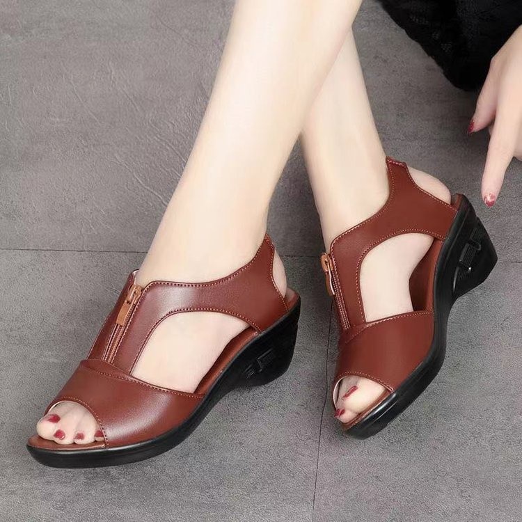 Xăng đan Nữ Wedge HM4 Dây Kéo Miệng Cá Phong Cách La Mã
