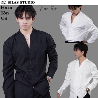   Deal Mở Bán  Form Tôn Vai  Áo Somi SILAS Romann Cổ V Hàn Cotton Chéo Nam Chiết Eo - ASL13 