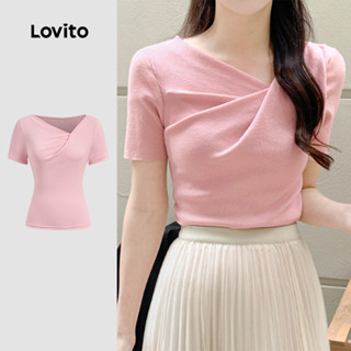 Lovito Áo thun bất đối xứng Pliced trơn thông thường dành cho nữ L133ED120