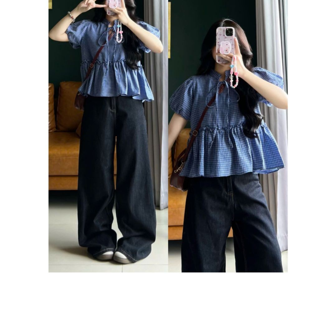 Áo Babydoll Nữ Tay Bồng Buộc Nơ Dáng Rộng Xòe Chất Thô Kẻ Mát, Áo Kiểu Nữ Tính_A557,A621 UsFashion