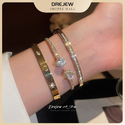 DREJEW Bộ vòng tay tông màu vàng tinh tế & vòng tay trái tim zircon Phụ kiện thời trang có thể xếp chồng lên nhau