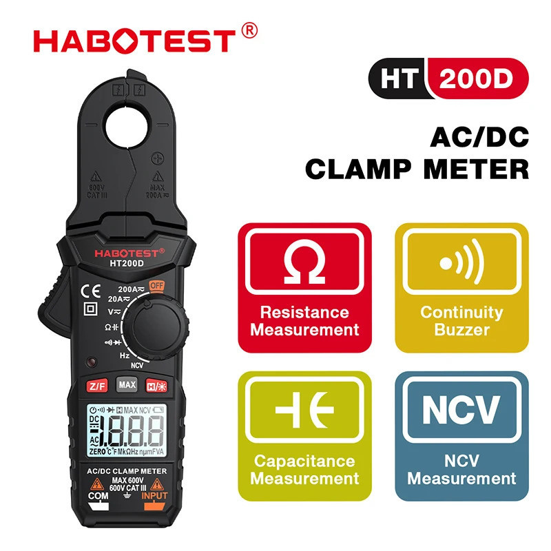 Máy đo kẹp kỹ thuật số HABOTEST HT200D Giá trị hiệu quả thực sự 200A AC / DC CAT III 600V NCV Tụ đo 