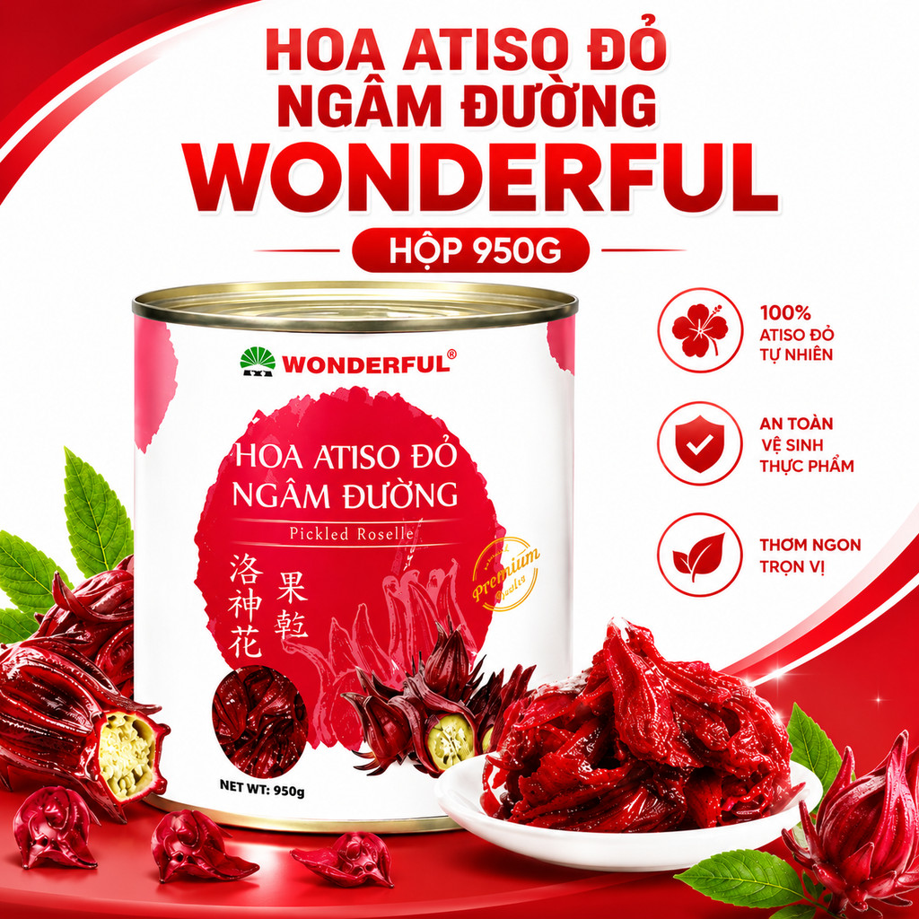 Hoa Atiso Đỏ Ngâm Đường Wonderful Hộp 950g, Nguyên Liệu Pha Trà Atiso Đỏ, Soda, Đồ Uống Giải Khát