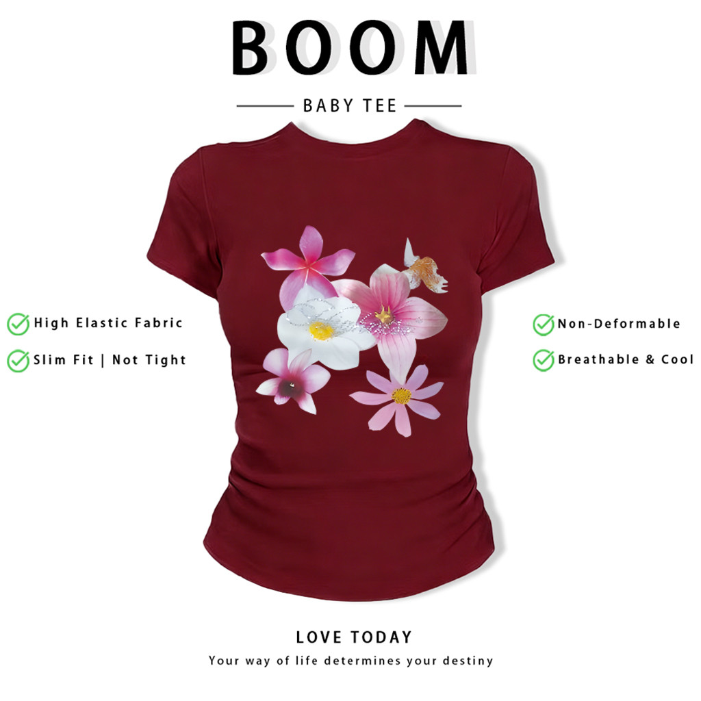 BOOM Áo Baby Tee Nữ Cotton Ôm Body-Áo Thun Ngắn Tay Y2K In Hình PhongCách Mùa Hè, Cổ Tròn Hàng Đầucá