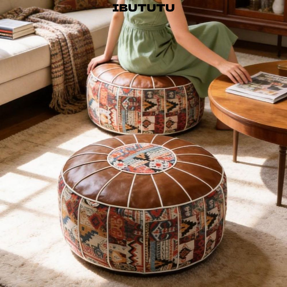 IBUTUTU Ottoman Pouf, Da PU Lớn Mở Chân Bao, Chống Nước Thiết Kế Đầy Họa Tiết Boho Tròn Pouf Bao Sử 