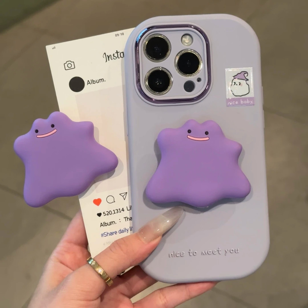 Ốp điện thoại silicon ổ cắm 3D Pop Kawaii Purple Ditto có khung máy ảnh kim loại, chống bụi chống số