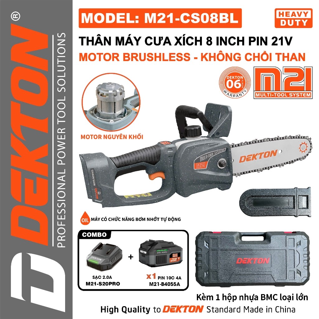 Máy cưa xích pin DEKTON M21-CS08BL, Không chổi than Đường kính cắt 205mm