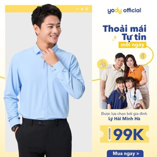 Áo sơ mi nam YODY business chất liệu Knit co giãn đàn hồi phối nép giấu cúc tinh tế MOSH25S091
