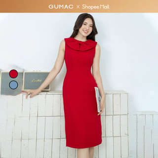 Đầm nữ GUMAC midi suông dáng bút chì  DD08032 cổ kiểu đính hoa trang trí vải bố dày dặn
