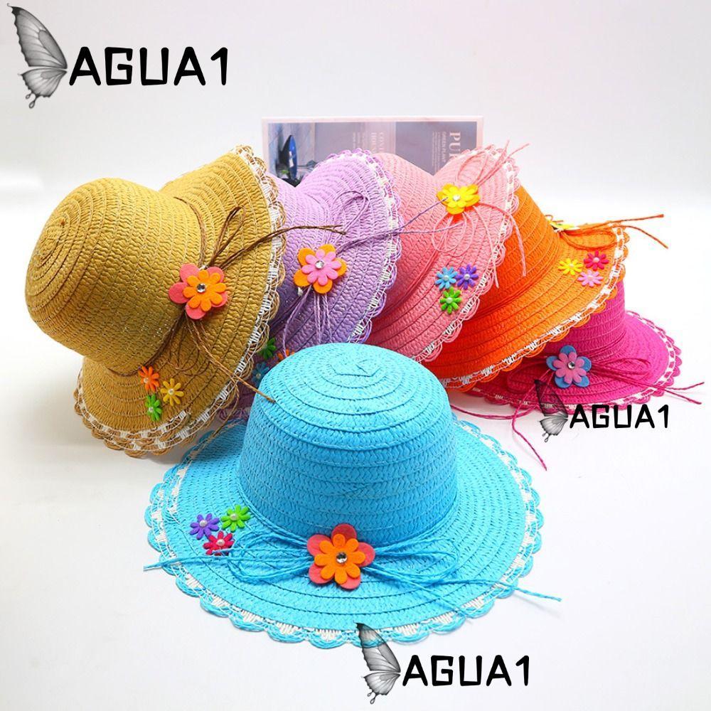 Mũ Rơm AGUA1, Mũ Chống Nắng Thủ Công Vành Rộng, Trang Trí Hoa Ngọt Ngào Mũ Đi Biển 3-7Year Mùa Hè