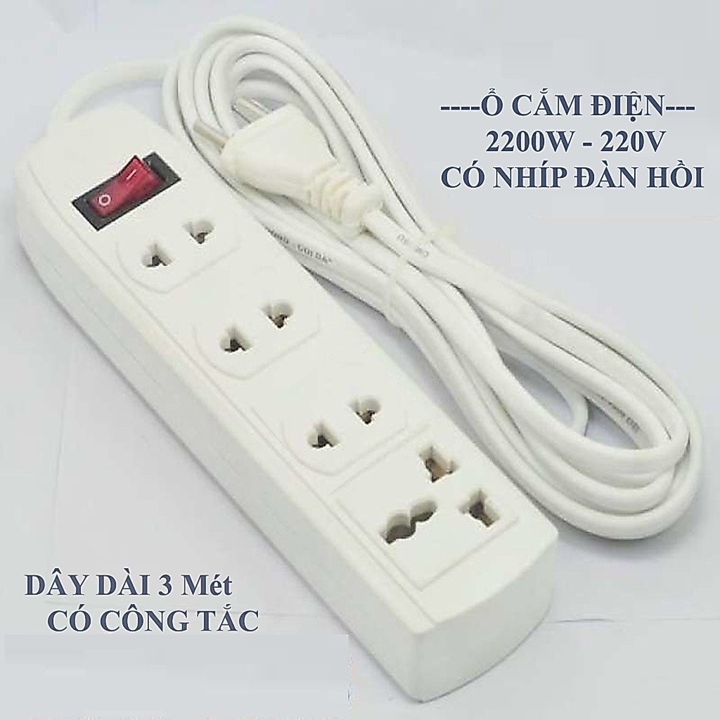 Ổ cắm điện chịu nhiệt dây dài 3m có công tắc 4 lỗ, Ổ cắm điện loại tốt, Công Suất 2200W