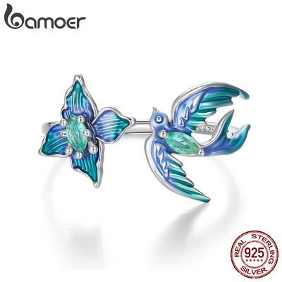Bamoer Bạc 925 Mở Nhẫn Có Thể Điều Chỉnh Kích Thước Chim Xanh & Hoa Trang Sức Thời Trang Cho Nữ Quà Tặng