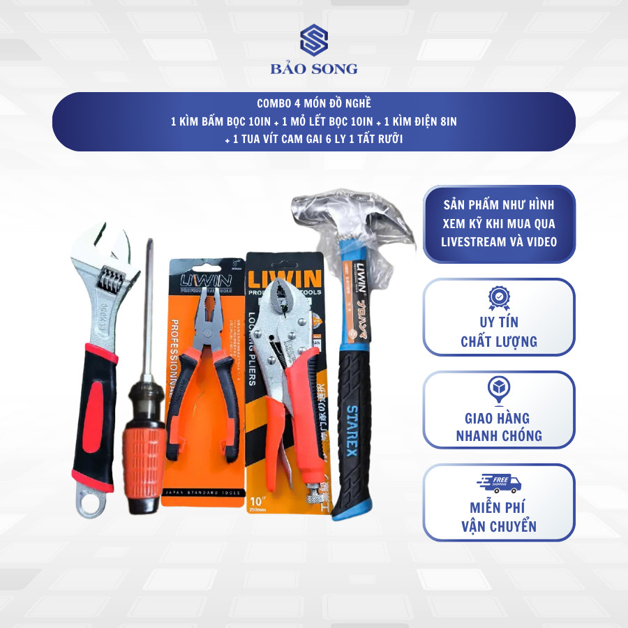 Combo đồ nghề cho thợ gồm kìm bấm bọc 10in, mỏ lết tay bọc 10in, kìm điện 8in, búa 8in, tua vít 2 đầ