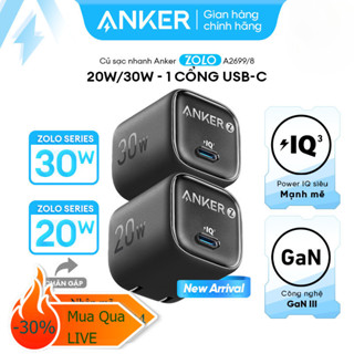 Củ sạc nhanh Anker Zolo GaN 20W/ 30W | 1 cổng USB-C | Sạc nhanh Power IQ 3.0 | Chân gập gấp gọn tiện lợi - A2699
