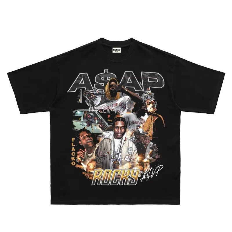 ASAP Rocky Rap Rocky Hip Hop Áo Thun Rap Tay Ngắn In Hình Thẳng Rời Nhỏ Cổ Tee Chất Lượng Cao