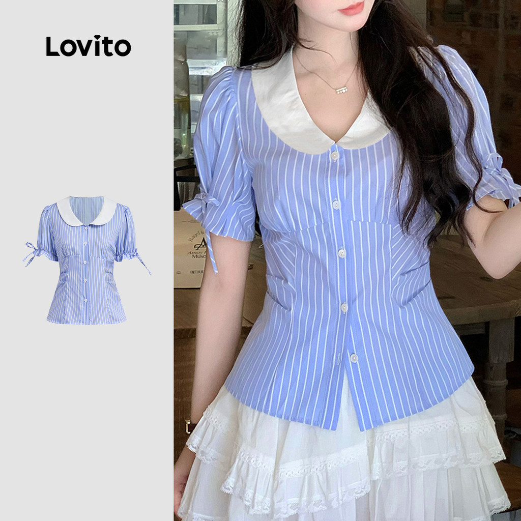 Lovito Áo sơ mi nữ thoải mái có nút hoa văn đối lập mùa xuân/hè áo sơ mi màu xanh và trắng L150ED371