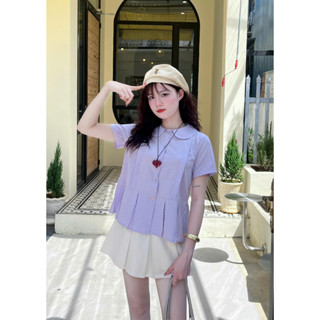  MS366 Áo sơ mi nữ cộc tay chấm bi áo babydoll xếp ly xinh xắn chất liệu thô mềm mát 