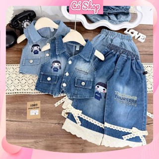  CBG34 Set bộ bò jean cô gái Makey phối quần jean ren nơ cho bé gái 