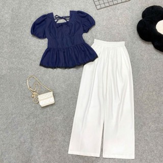  Set Bộ Bigsize Nữ Thanh Lịch Áo Kiểu Nhún Eo Phối Quần  Eo Chun Co Giãn Tôn Dáng Thanh Lịch - SET  A304+Q558  