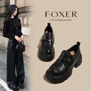 FOXER Thời Trang Nữ Loafer Ngón Tròn Dày Gót Đế Dày Thoải Mái Màu Đen Sinh Viên Giày Cao Cấp 7.5cm
