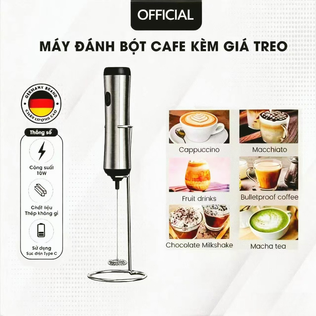 Máy đánh bọt cafe cầm tay (có/không giá đỡ): Điện cấp thực phẩm, 10s xong bọt – Dùng siêu tiện!