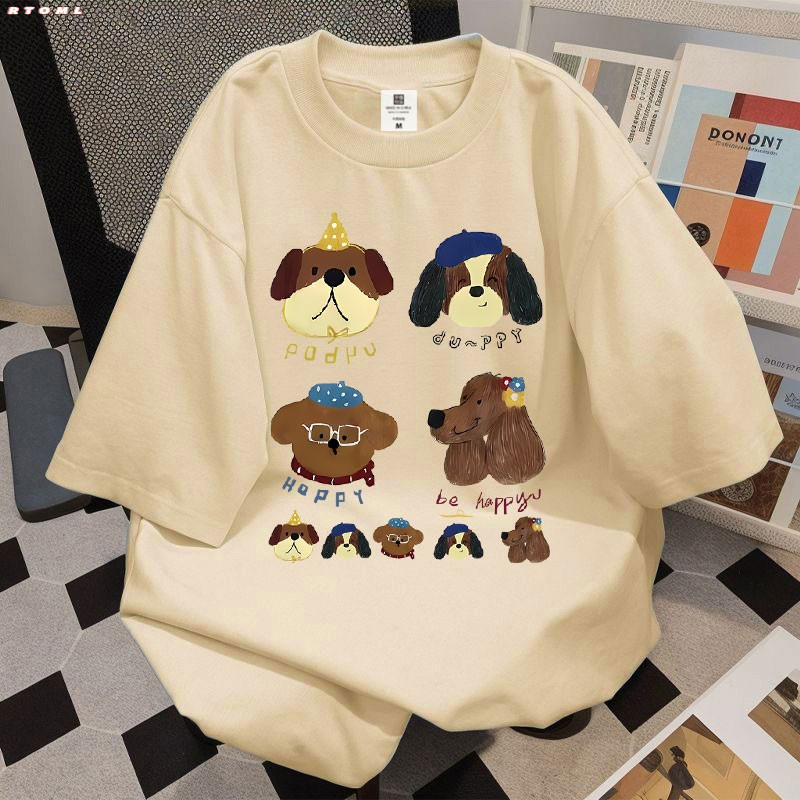 Áo Thun nam nữ Oversized  Phong Cách Hàn Quốc In hình chú chó con hoạt hình 100% Cotton 260gsm