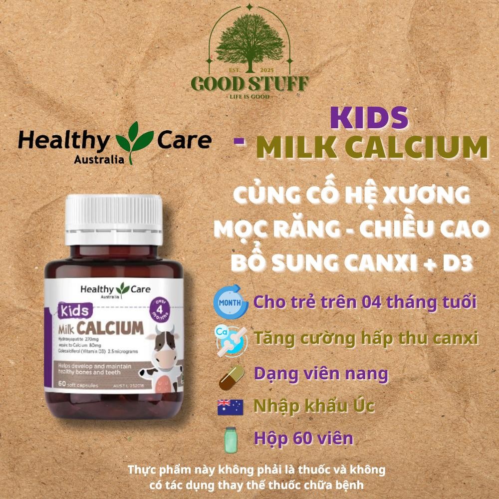 Viên canxi sữa cho trẻ từ 04 tháng tuổi Healthy Care Kids Milk Calcium D3 - Hấp thu canxi (60 viên)