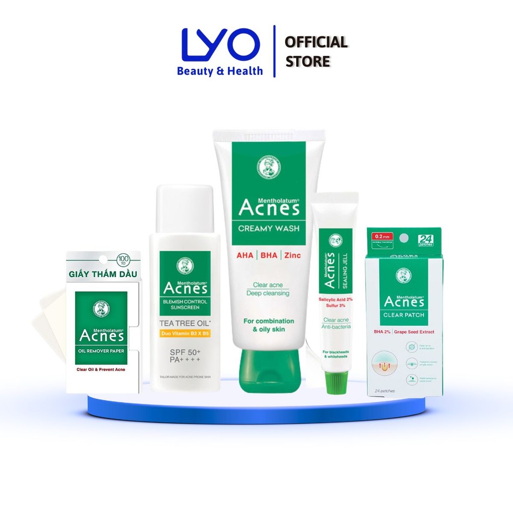 Sữa rửa mặt, Gel chấm mụn, Kem chống nắng, Giấy thấm dầu Acnes Dịu Da Phù Hợp Cho Da Khô Và Nhạy Cảm