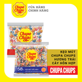 Kẹo mút Chupa Chups Hương trái cây hỗn hợp (Gói 60 que), kẹo mút tô màu lưỡi hương Dâu và Cola (Gói 58 que)