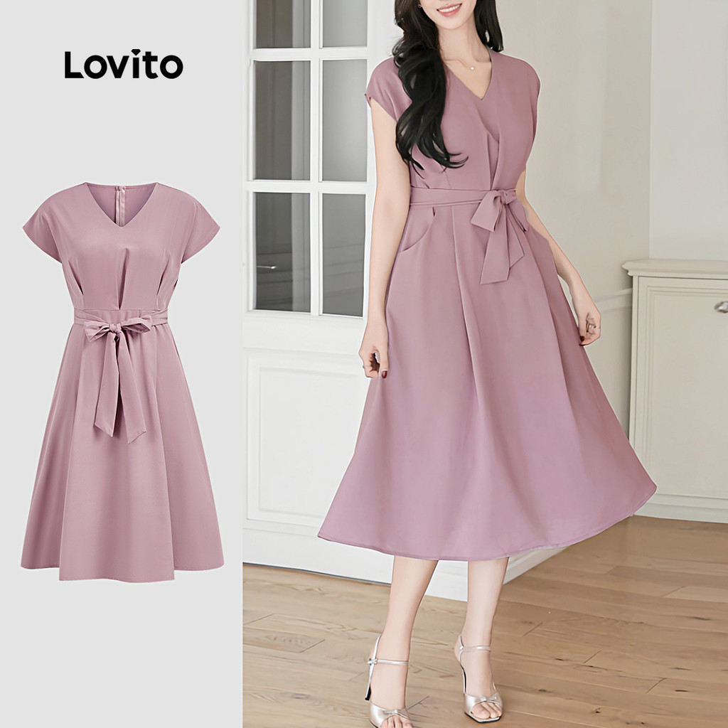Đầm Lovito màu trơn thanh lịch có thắt lưng Lovito cho nữ L128ED684