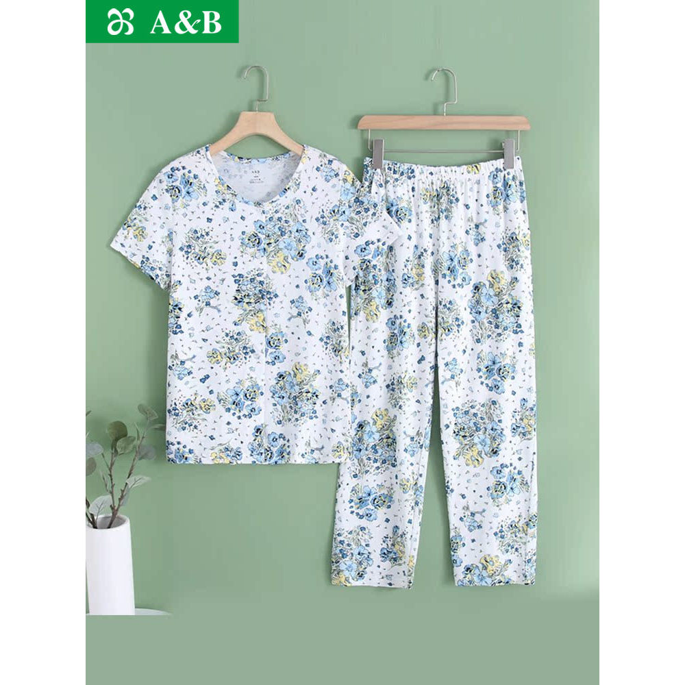 AB Mùa Hè Tay Ngắn Cổ Tròn Cardigan Cotton Nguyên Chất Người Cao Tuổi Mẹ Cotton Bộ Đồ Ngủ Nữ Rời