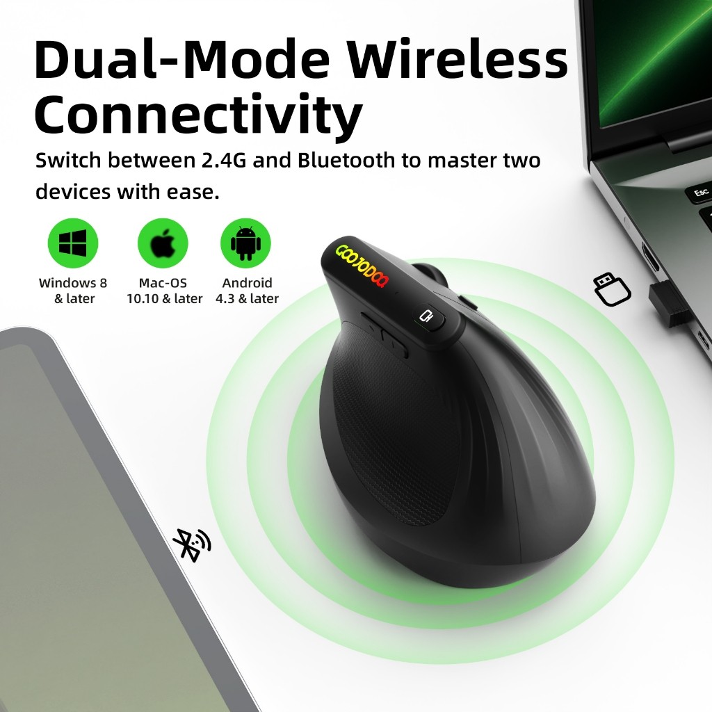 GOOJODOQ Chuột dọc không dây , tiện dụng, 2 chế độ, 2.4G + BT5.0, 4 DPI Lên tới 3200, Nút chuyển tiếp / lùi / để bàn | BigBuy360 - bigbuy360.vn