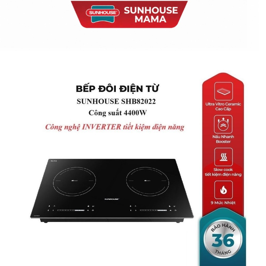 BẾP ĐÔI ĐIỆN TỪ SUNHOUSE SHB82022  - Booster nấu nhanh - 9 mức chỉnh, có tính năng slow cook - Mặt k
