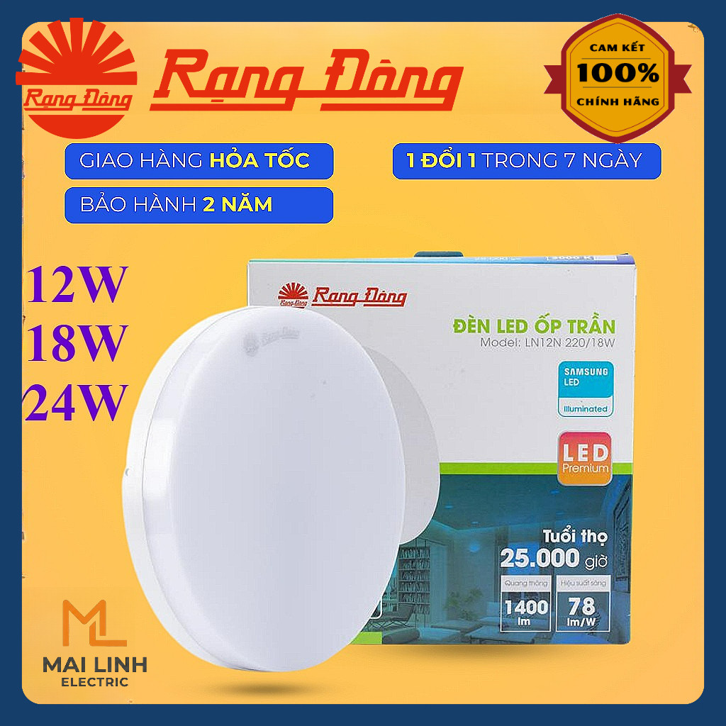 (Rạng Đông) Đèn Led ốp nổi trần tròn 12W-18W-24W (Đế Nhựa) - Tràn viền -KT: 170-220-300mm - Model LN