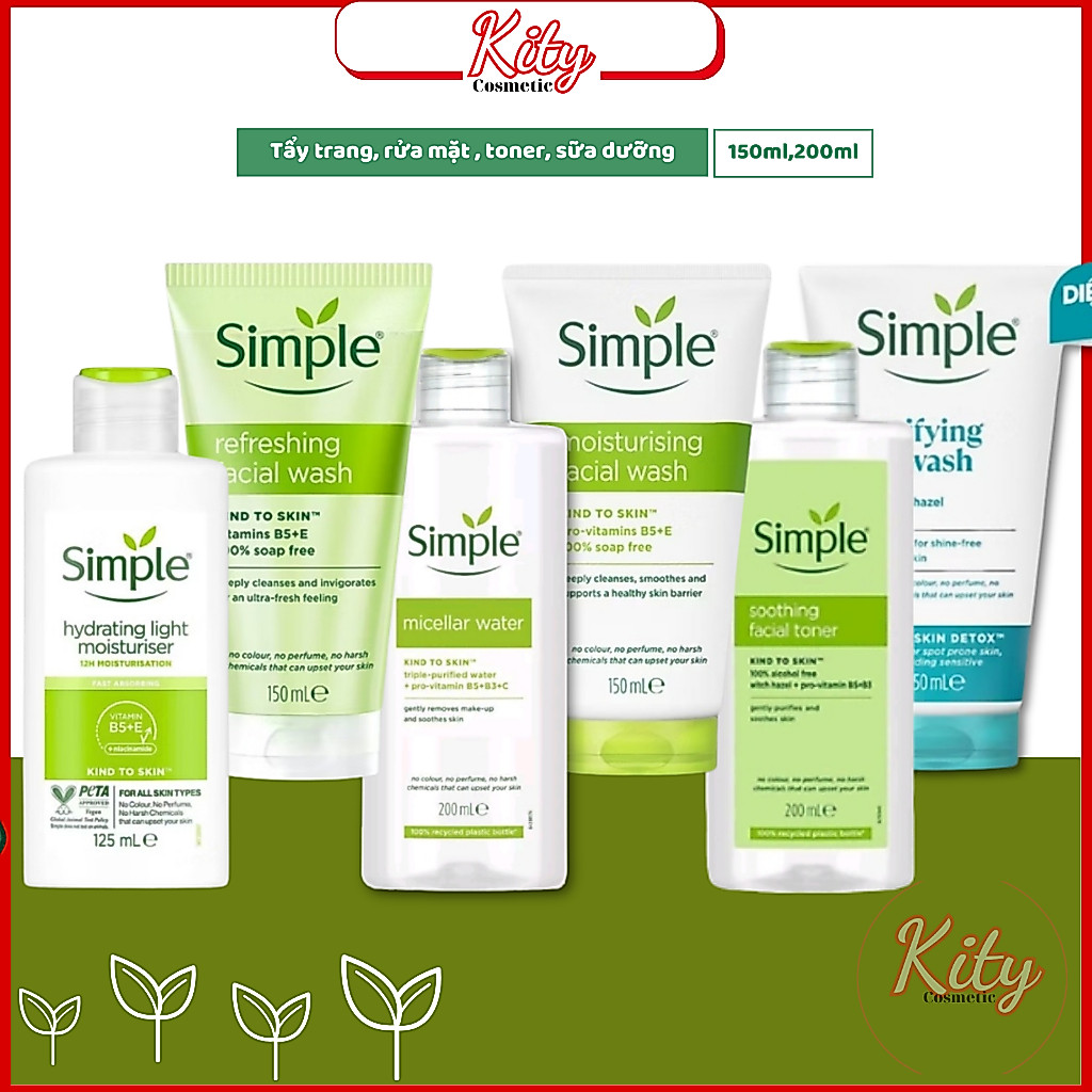 Simple Tẩy trang Micellar 200ml,  Sữa rửa mặt 150ml,  Nước hoa hồng 200ml cho da nhạy cảm