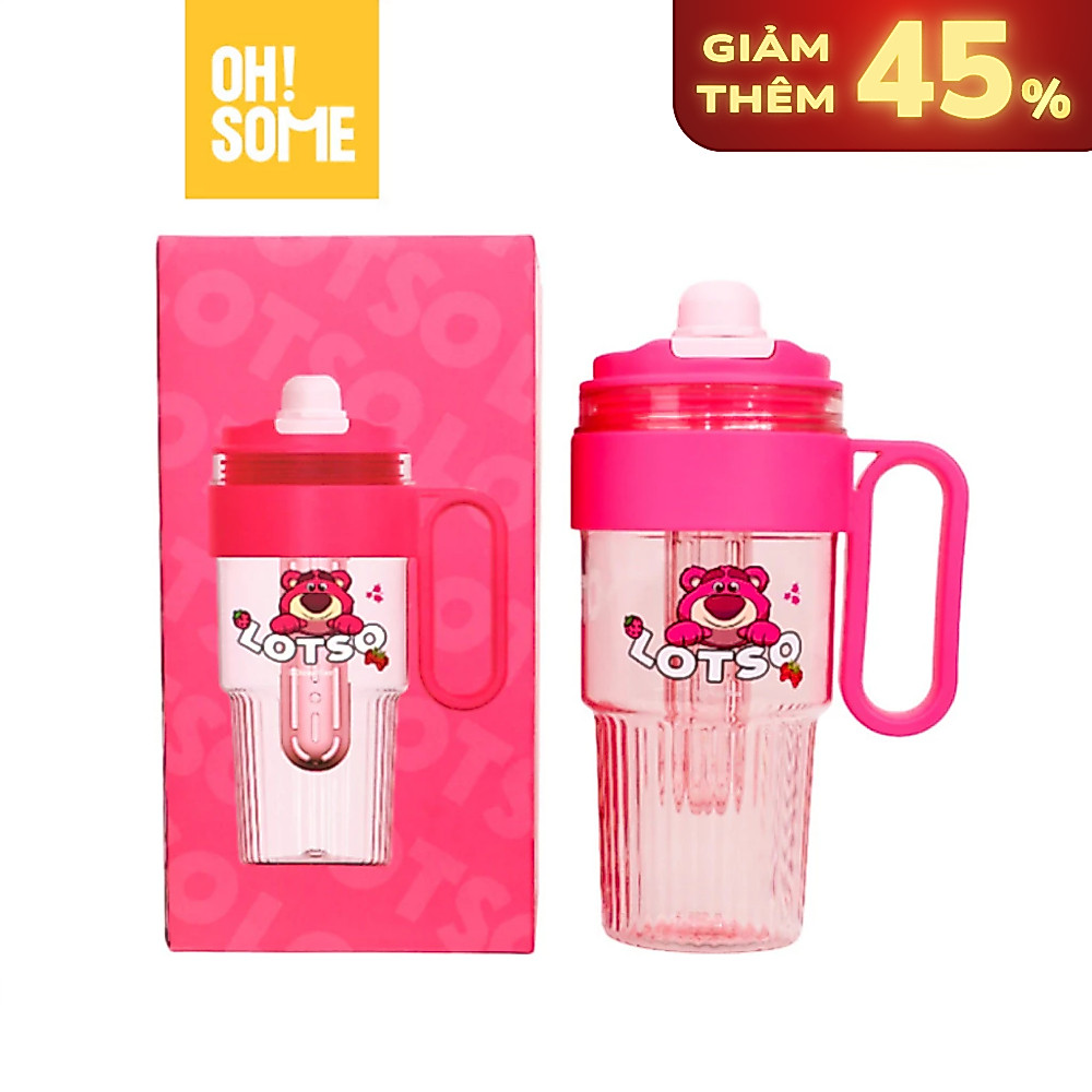 【OHSOME x Disney】- Bình nước AIKESI 1100ml có ống hút và quai xách công thái học gấu dâu Lotso dễ th