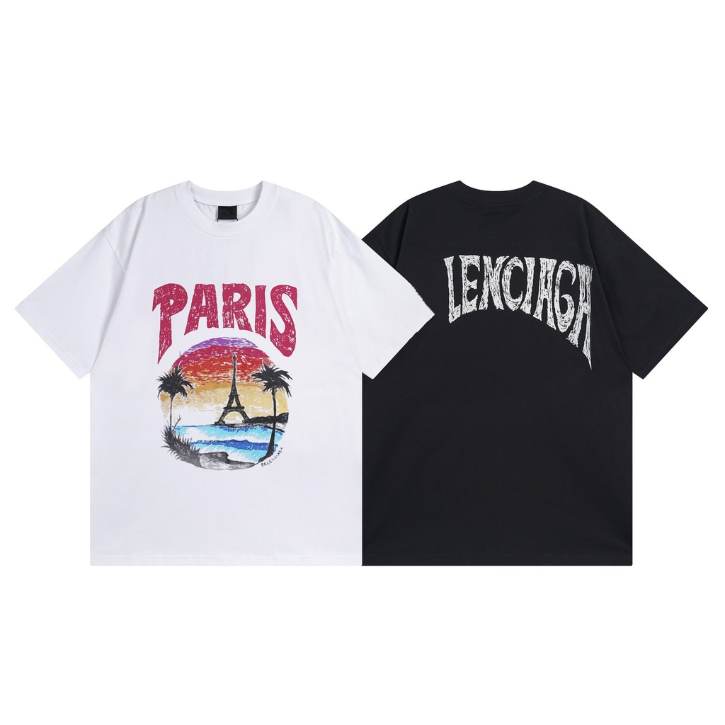 82PA Paris2024New B Hawaiian sunset, coconut trees, iron tower LOGO Bat pattern short sleeve shirt T