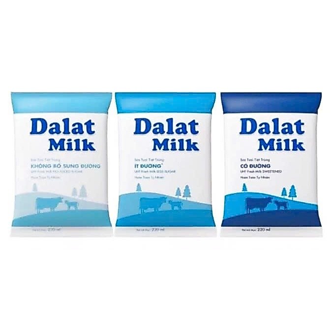 Thùng 48 bịch sữa DALAT MILK 220ml (có đường, ít đường, vị tự nhiên - không đường)