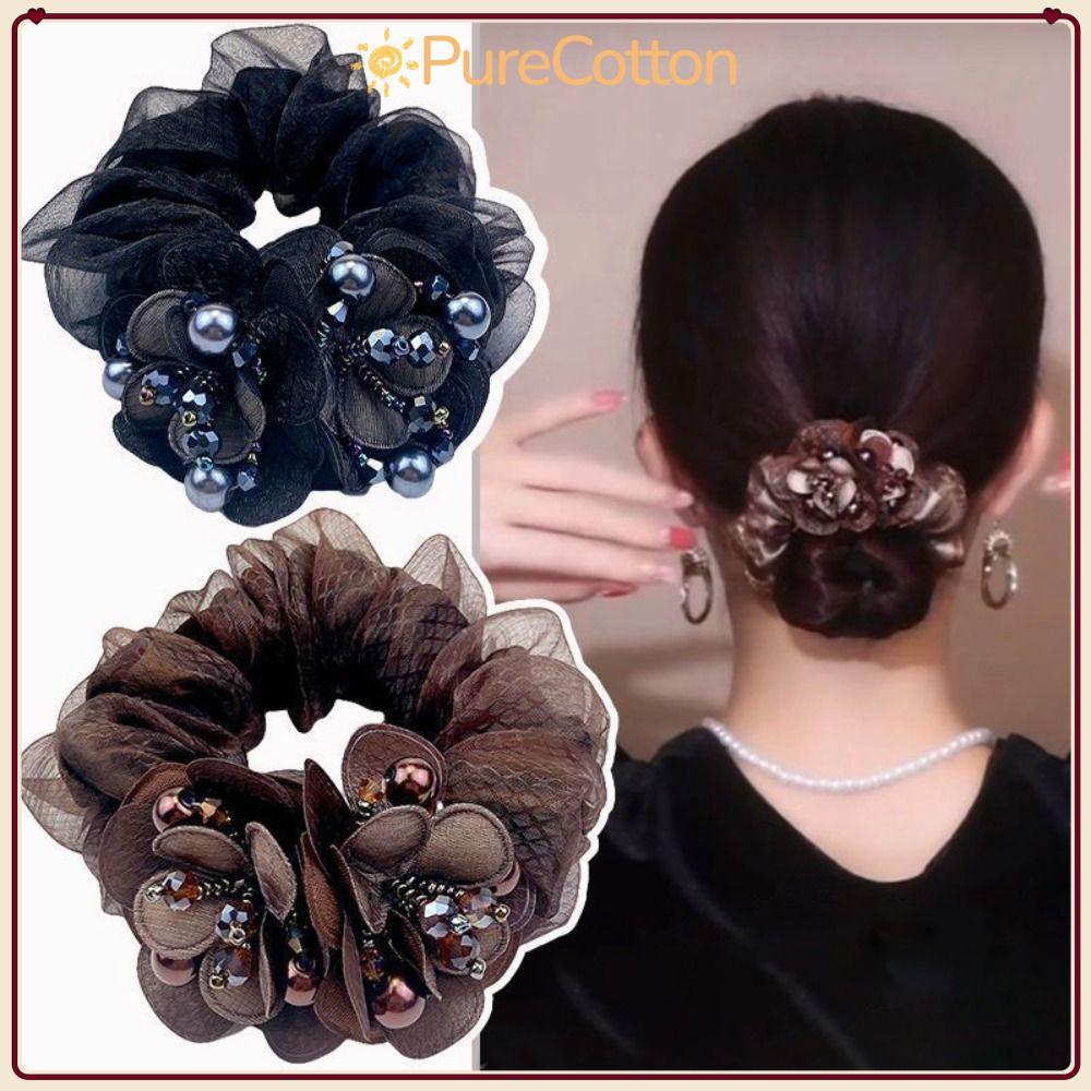 [Còn hàng] Dây buộc tóc hoa PURECOTTON0, Dây buộc tóc đàn hồi kim cương giả hai lớp, Dây buộc tóc lư