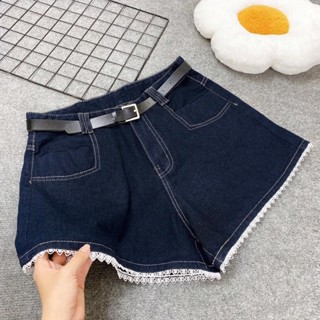  Quần đùi jean bigsize nữ lưng cao phối ren lai xinh  xắn cho nữ chubby màu xanh denim đậm dễ phối đồ- Q565 