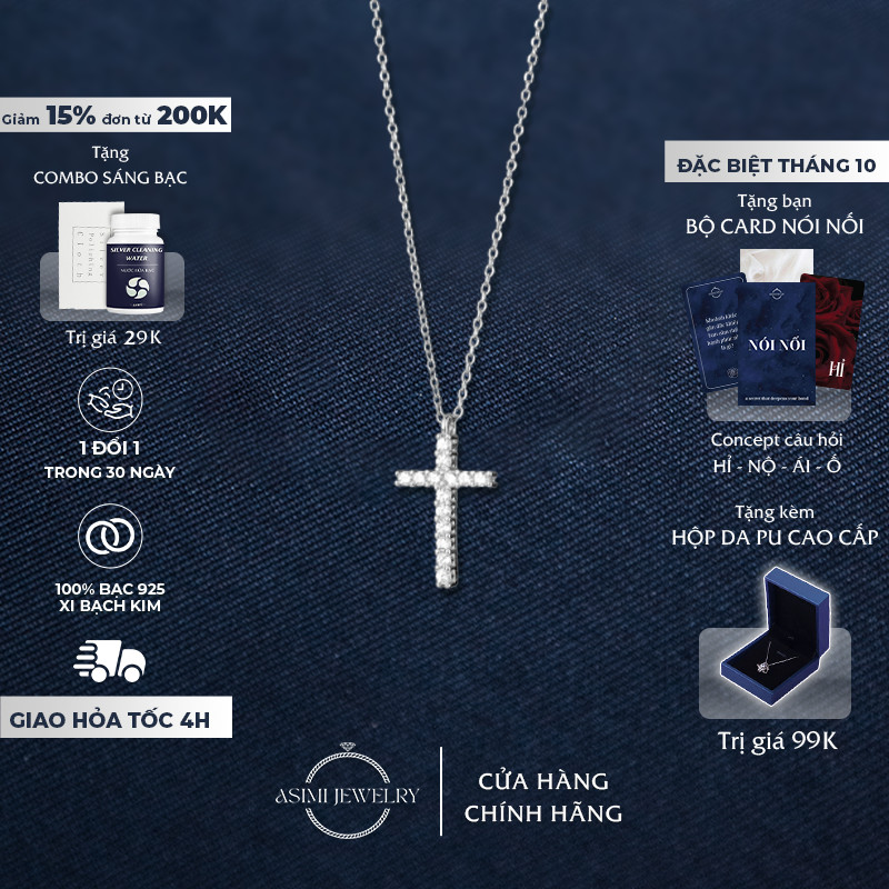 Dây chuyền bạc Ý 925 Thánh Giá đính đá  Asimi, Dây chuyền bạc nữ thập tự giá The Cross DC43