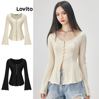 Lovito Áo thun giản dị Nút bất đối xứng Áo thun Corset phía trước dành cho nữ L52AD153 (Nhiều màu)