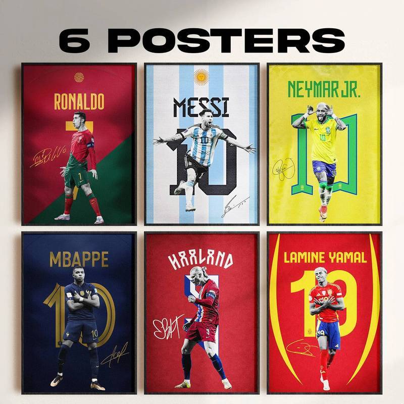 Bộ 6 Đội tuyển Quốc gia Bóng đá Truyền thuyết Chữ ký Áp phích Ronaldo Messi Neymar Mbappe Haaland La