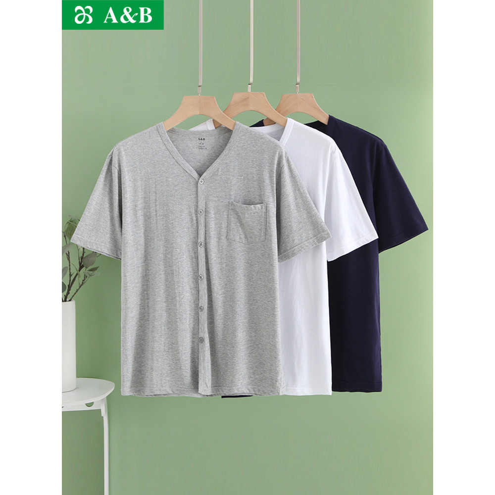 AB Quần Lót Nam Cotton Nguyên Chất Ngắn Tay Cổ Chữ V Cardigan Mùa Hè Mỏng Trung Niên Người Cao Tuổi 