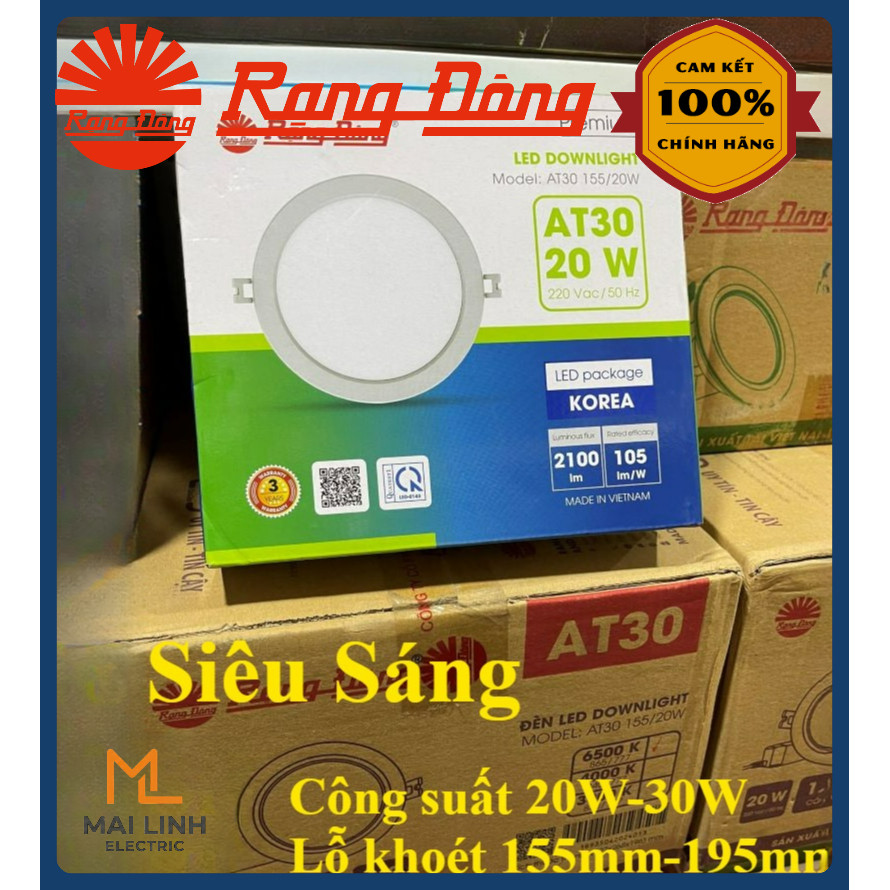 (Rạng Đông) Đèn Led Downlight âm trần siêu sáng 20W 30W - Lỗ khoét 155mm 195mm - Model AT30