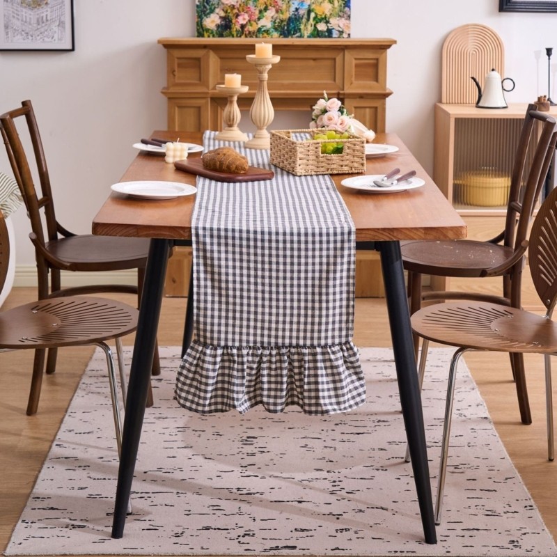 Stat Xù Edges Table Runner cho bàn ăn Trang trí trung tâm Gingham Plaids Pattern 86 61Inch Polyester