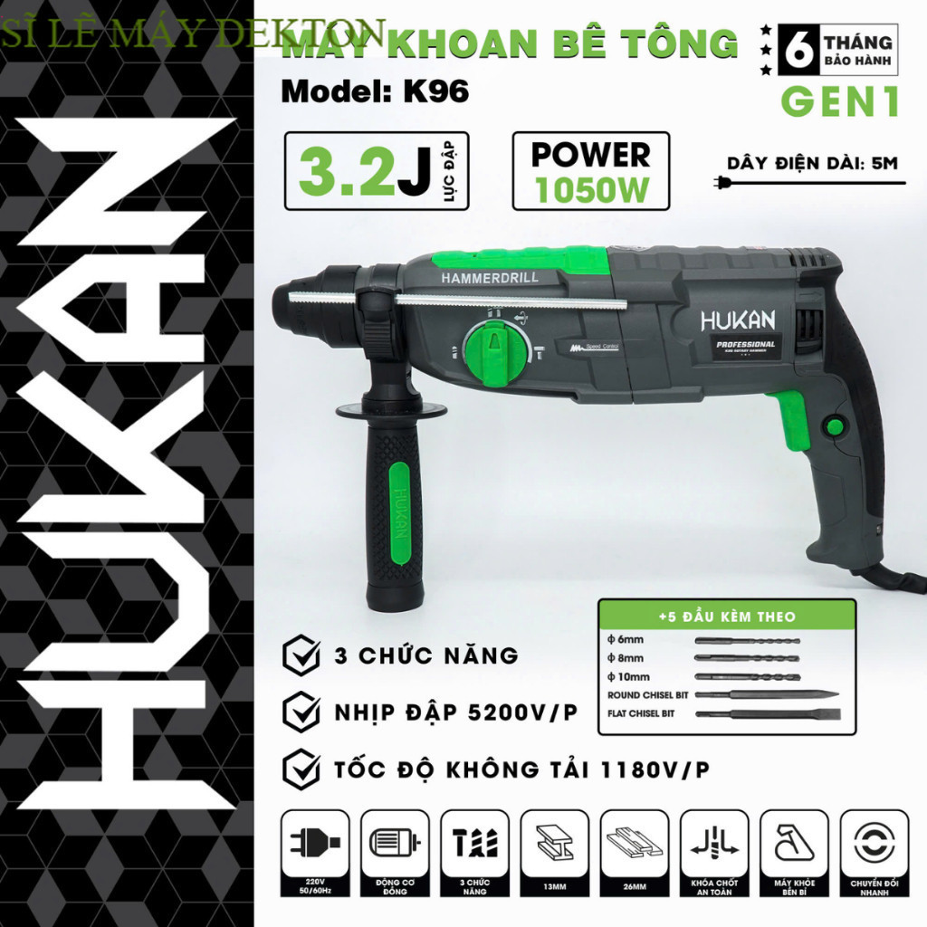Máy Khoan Bê Tông HUKAN K96 3 Chức Năng Đa Năng Khoan - Cắt - Đục , Công Suất 1050W. Máy sĩ DEKTON