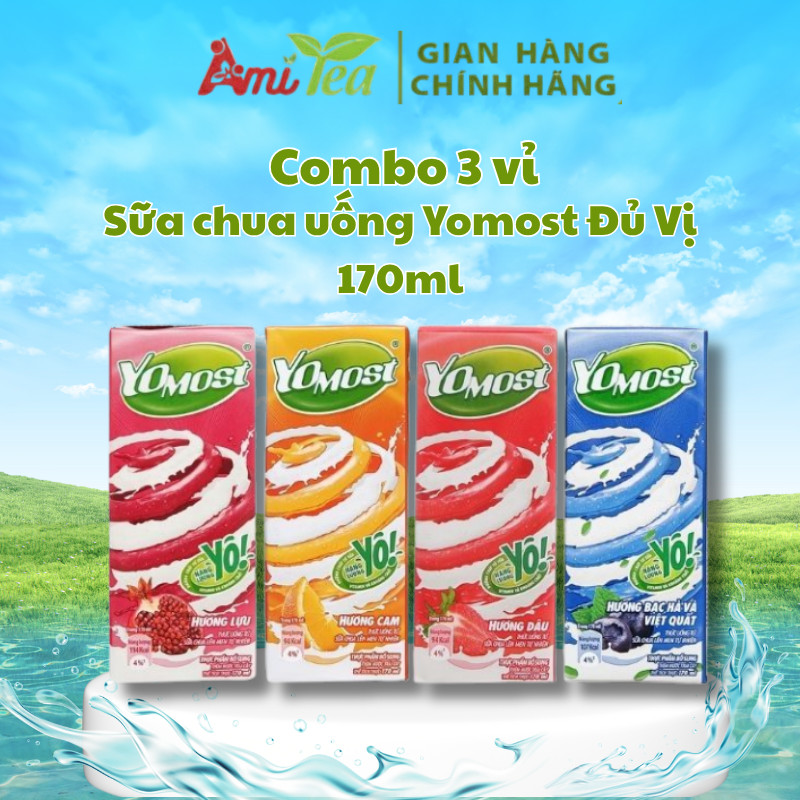 [Combo 3 vỉ] Sữa chua uống Yomost hương Cam, Dâu, Lựu, Việt Quất 170ml Thơm Ngon