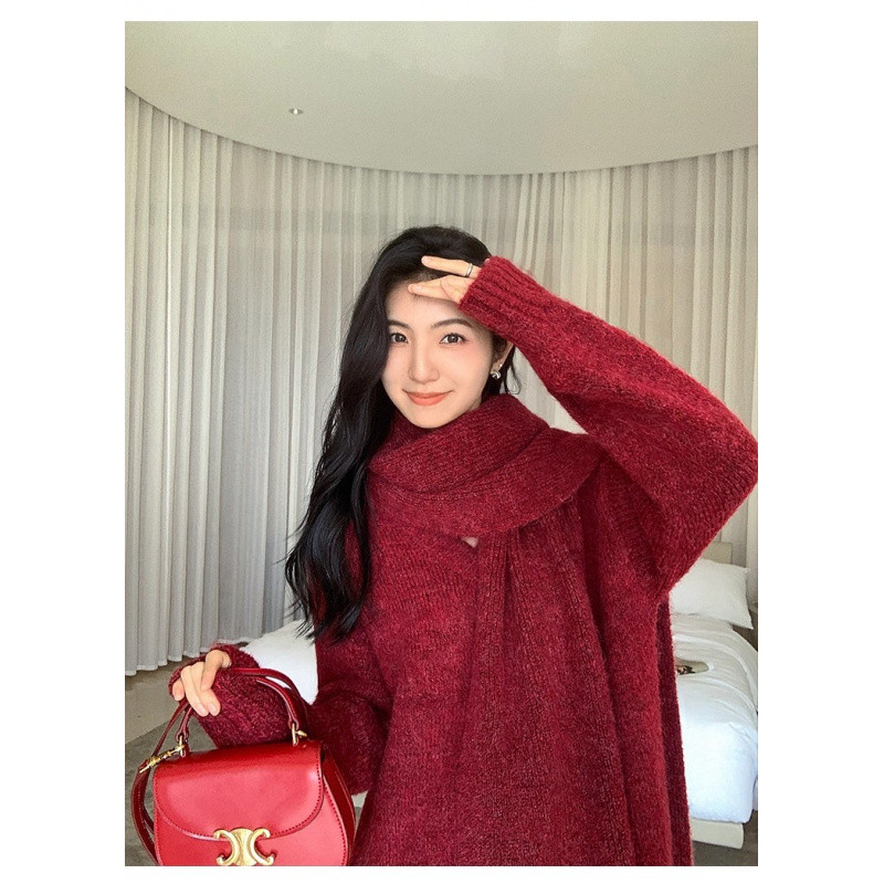 Áo len tết dệt kim đỏ giáng sinh mùa đông cổ chữ V màu đỏ dày, dáng rộng cho mùa thu đông | BigBuy360 - bigbuy360.vn